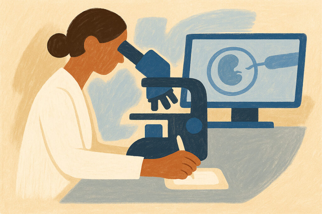 Embriolog analizând la microscop o probă de embrioni în laboratorul de fertilizare in vitro (FIV) Genesis Athens.