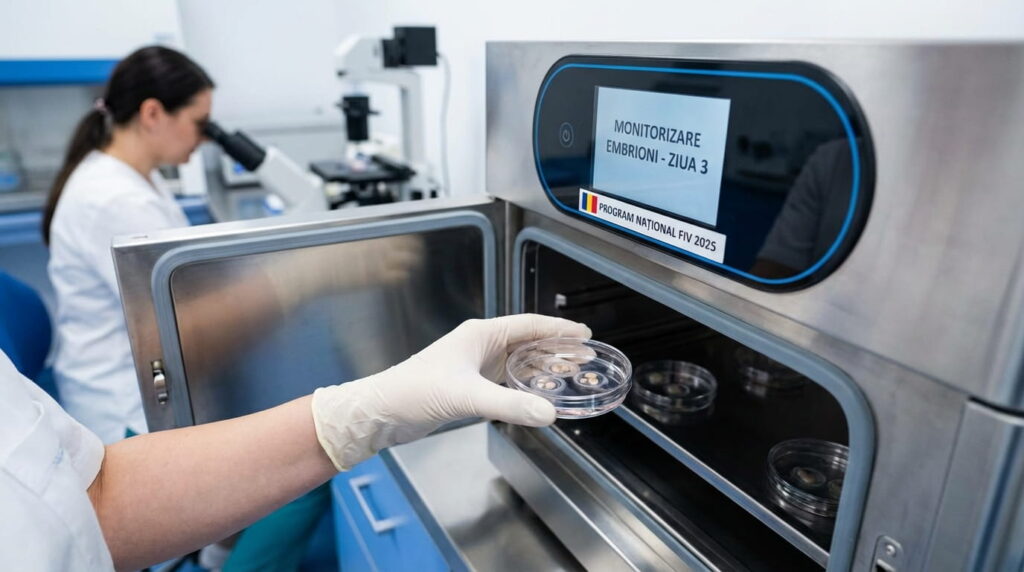 Embriolog introduce o placă Petri cu embrioni într-un incubator de laborator pentru monitorizare în ziua 3, în cadrul Programului Național FIV 2025.