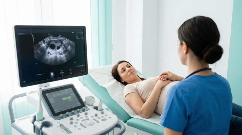 Medic specialist efectuând o ecografie transvaginală unei paciente într-o clinică de fertilitate, cu monitorul ecografului afișând imaginea ovarelor și a foliculilor în dezvoltare, în timp ce partenerul îi ține mâna pacientei pentru sprijin.