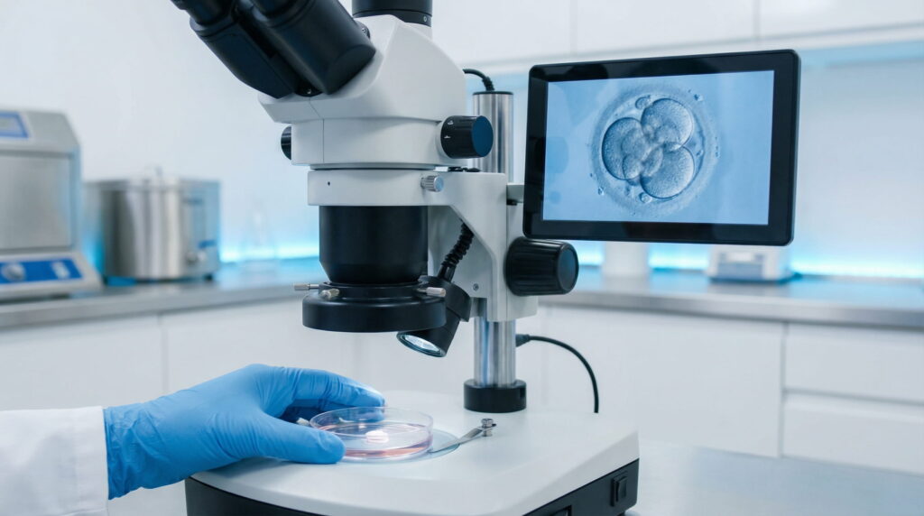 Mână cu mănușă albastră plasează o cutie Petri sub un microscop cu un ecran care afișează un embrion în laborator.