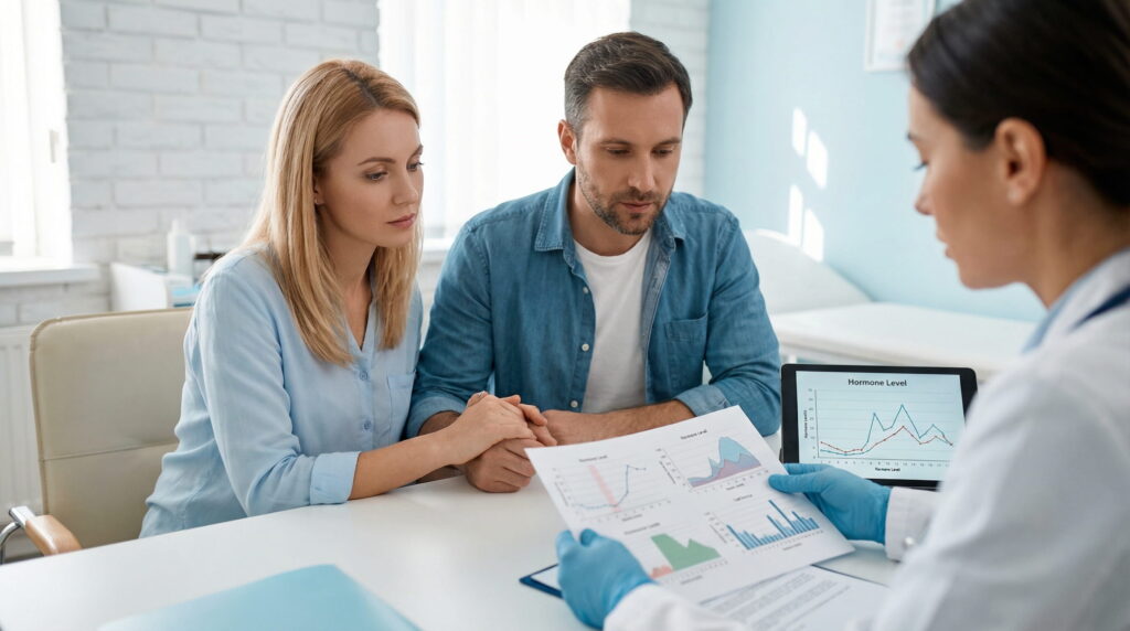 Cuplu la consultația medicală inițială, analizând grafice hormonale și rezultate de laborator cu un medic.