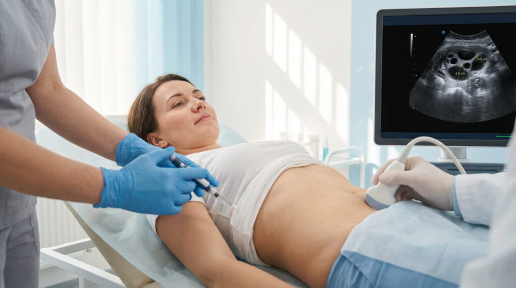 Femeie care primește o injecție abdominală și face o ecografie pelvină într-o clinică de fertilitate.