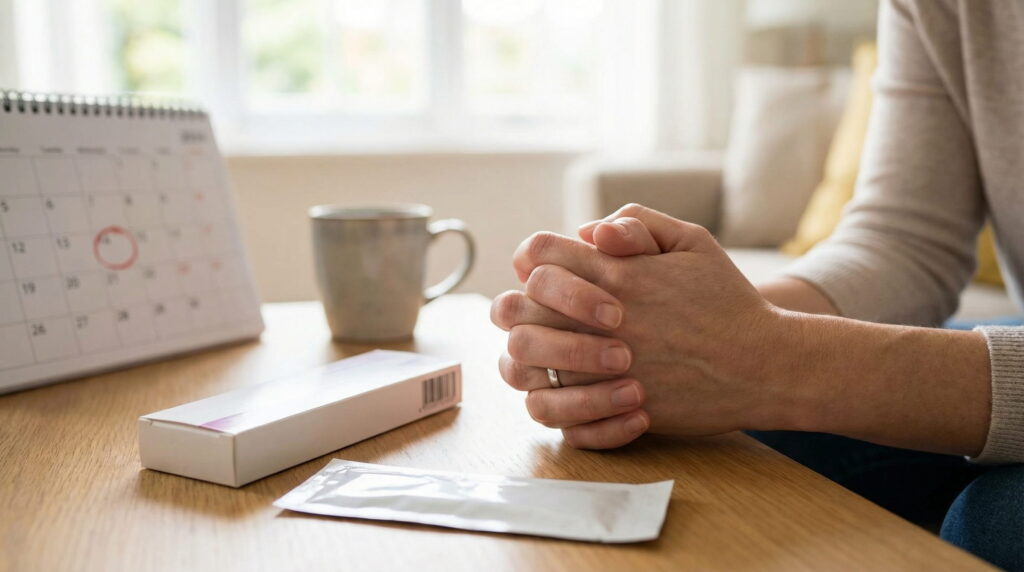 Mâinile unei femei sunt strânse pe o masă lângă o cutie de test de sarcină nedesfăcută și un calendar cu o dată încercuită.