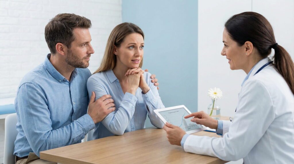 Medicul prezintă rezultate pe o tabletă unui cuplu emoționat în timpul unei consultații post-FIV într-un cabinet medical modern.