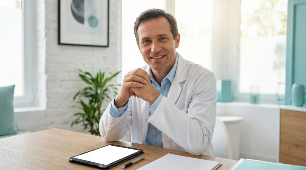 Portretul unui medic specialist bărbat, zâmbind la biroul său dintr-o clinică modernă, cu mâinile împreunate și o tabletă pe masă.