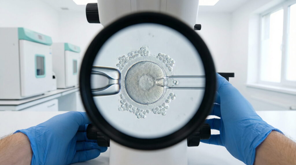 Vedere mărită prin ocularul unui microscop de laborator, arătând mâinile în mănuși albastre ale unui embriolog care manipulează cu precizie un ovocit uman folosind micropipete de sticlă, într-un mediu clinic steril și luminos.