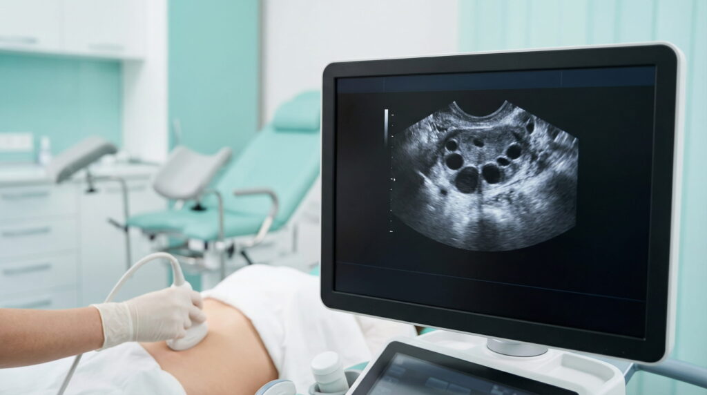 Monitor ecografic într-o clinică modernă de fertilitate, afișând o imagine alb-negru a ovarelor cu foliculi; un medic cu mănușă folosește sonda de ultrasunete pe abdomenul unei paciente.