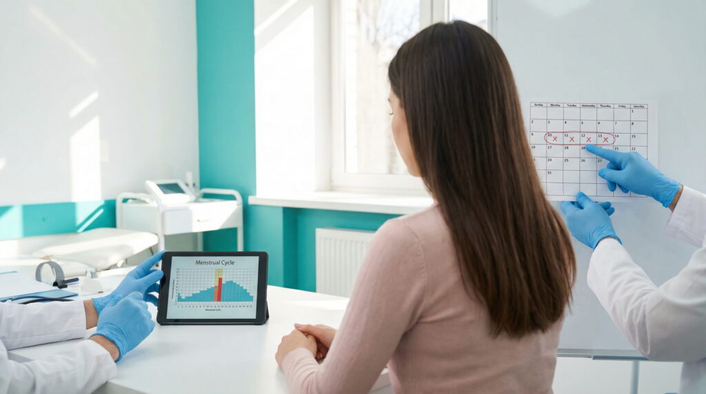 În cabinetul modern al unei clinici de fertilitate, o pacientă văzută din spate discută cu personalul medical; mâini în mănuși albastre indică date pe un calendar de perete și un grafic al ciclului menstrual pe o tabletă.