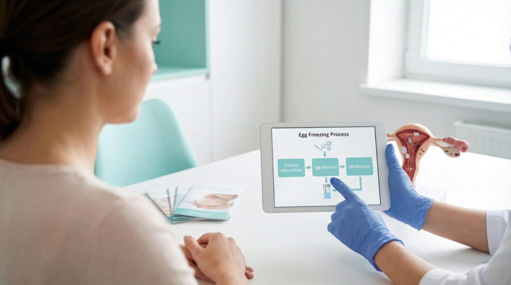 În cabinetul luminos al clinicii Genesis Athens, un medic (mâini în mănuși albastre) explică unei paciente (văzută din spate) etapele crioconservării ovocitelor, indicând un flux de lucru pe o tabletă; pe birou se află un model anatomic al uterului și broșuri informative.