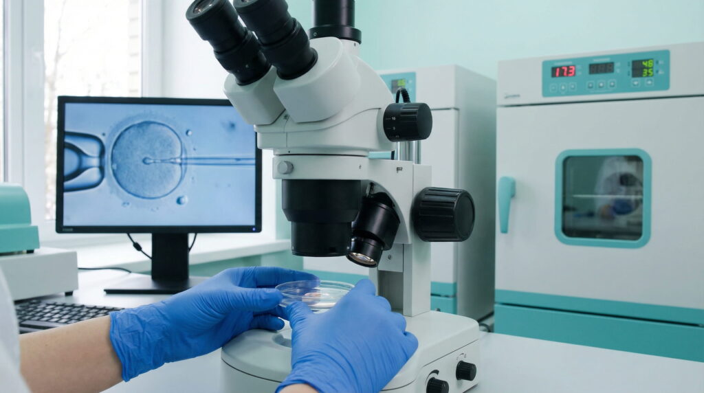 Mâinile în mănuși albastre ale unui embriolog manipulează o placă Petri sub un microscop de laborator. Pe monitorul din fundal este afișată în timp real procedura de fertilizare ICSI a unui ovocit uman.
