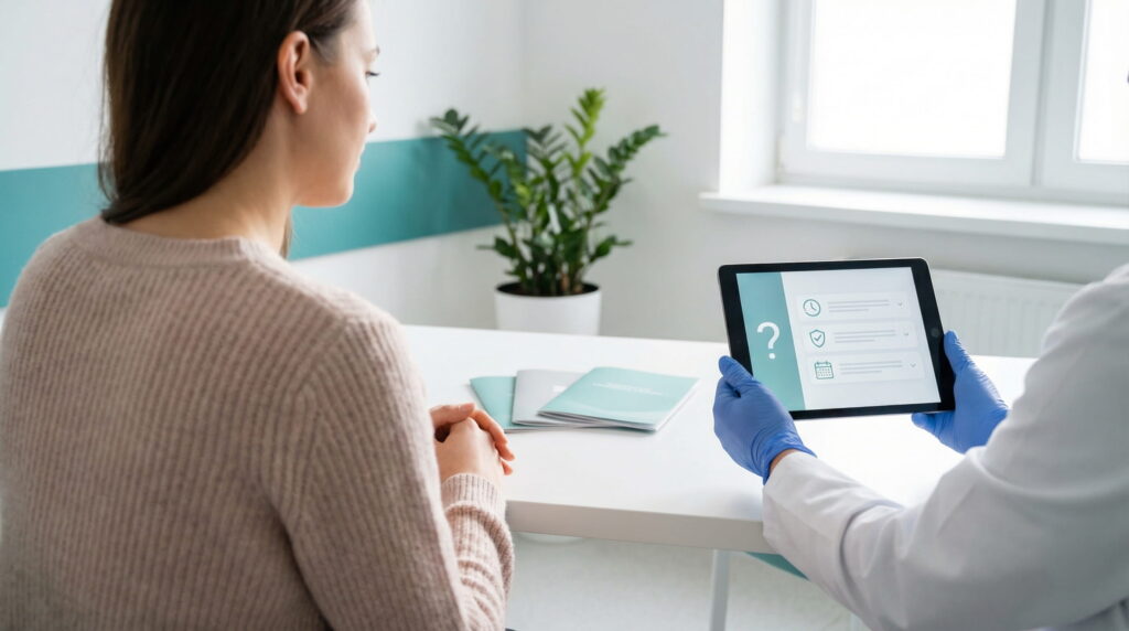 În cabinetul modern al clinicii Genesis Athens, un medic (mâini în mănuși albastre) prezintă unei paciente (văzută din spate) o tabletă cu o interfață grafică ce simbolizează o listă de întrebări frecvente (FAQ), marcată cu un semn de întrebare.