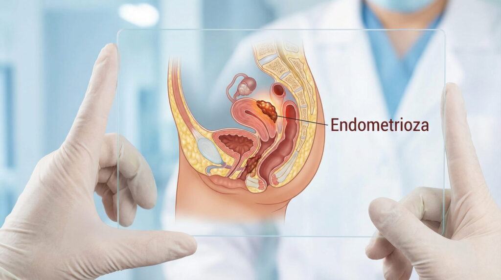 Mâini cu mănuși medicale ținând o tabletă transparentă care afișează o diagramă anatomică a pelvisului feminin, cu o săgeată și textul „Endometrioza” indicând țesutul anormal din afara uterului.