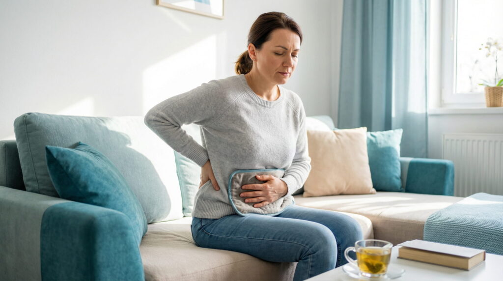 O femeie așezată pe o canapea turcoaz, ținând o compresă caldă pe abdomen și mâna la spate, suferind de dureri pelvine și lombare, simptome comune ale endometriozei.