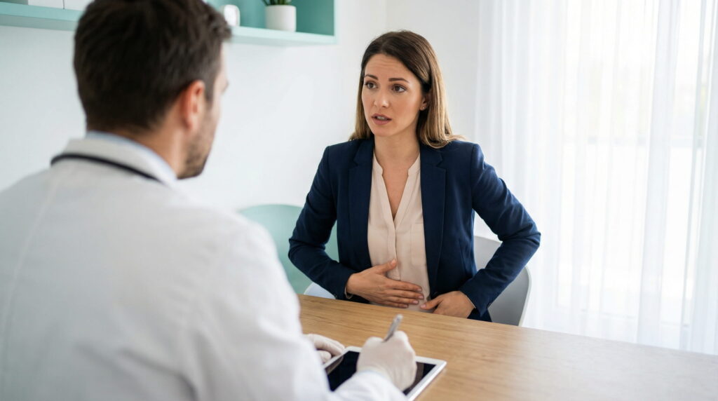 O femeie într-un cabinet medical modern, purtând un sacou bleumarin, gesticulând spre abdomen în timp ce discută îngrijorată cu un medic ginecolog în timpul unei consultații.