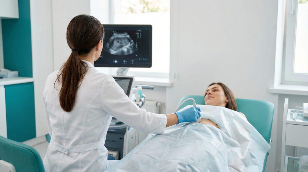 O femeie medic efectuează o ecografie abdominală unei paciente într-un cabinet medical modern, ambele privind imaginea de pe ecranul ecografului.