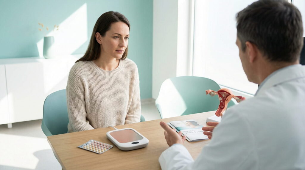 O pacientă în consultație cu un medic specialist într-un cabinet modern, discutând opțiunile de tratament pentru endometrioză. Pe birou sunt vizibile medicamente și un dispozitiv termic pentru durere, alături de un model anatomic al uterului pentru discuția despre fertilitate.