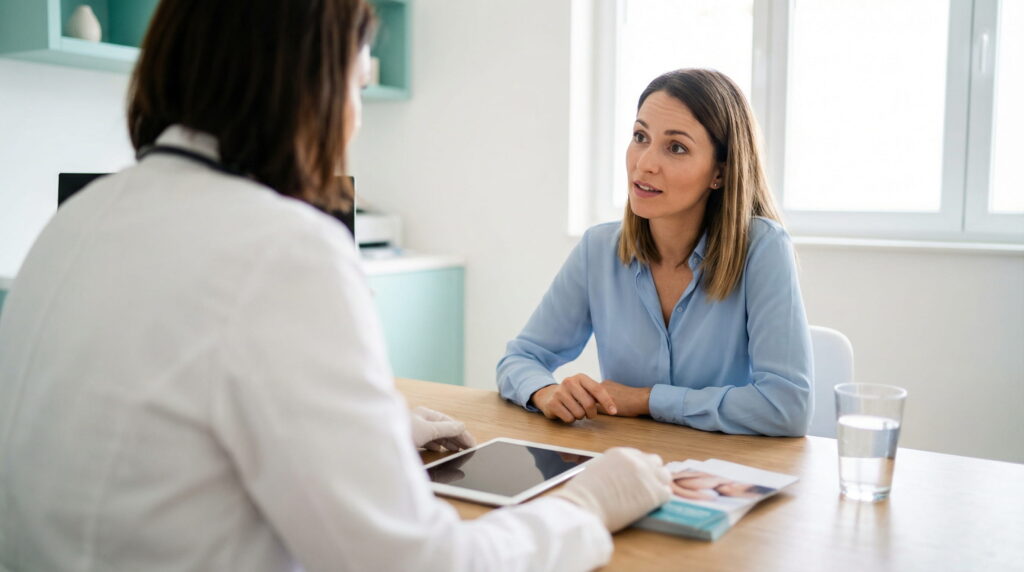 O femeie într-un cabinet medical modern, așezată la birou și aplecată ușor înainte, adresând o întrebare unui medic ginecolog cu care se consultă.
