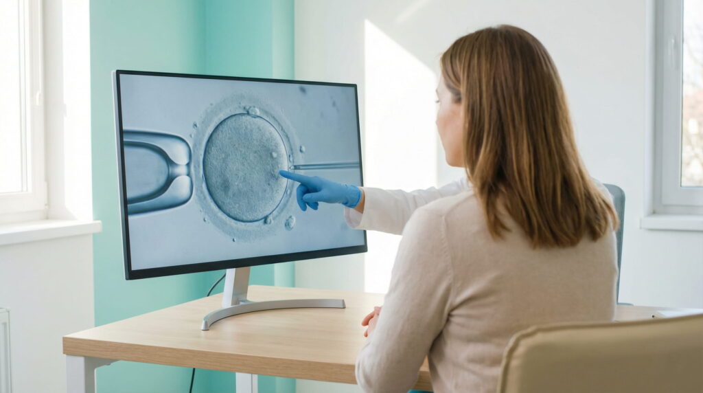 O pacientă văzută din spate într-un cabinet de clinică, privind un monitor mare unde este afișată o imagine microscopică a unui ovocit și a unei micropipete, în timp ce mâna cu mănușă a unui medic indică spre ovocit.