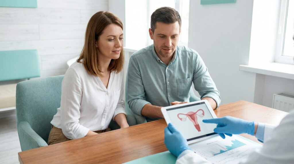 Un cuplu (bărbat și femeie) așezat la birou într-un cabinet de clinică modernă, privind atent o tabletă pe care mâinile cu mănuși albastre ale unui doctor indică o diagramă a uterului și ovarelor.