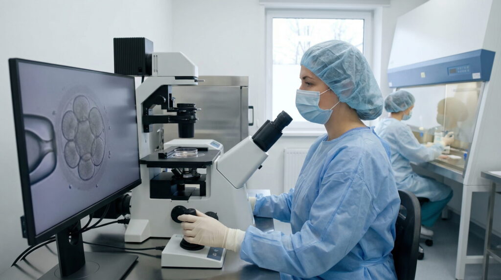 Un embriolog într-un laborator de clinică de fertilitate, îmbrăcat în halat și mască, privește printr-un microscop, în timp ce un monitor alăturat afișează o imagine mărită a unui embrion în diviziune celulară.