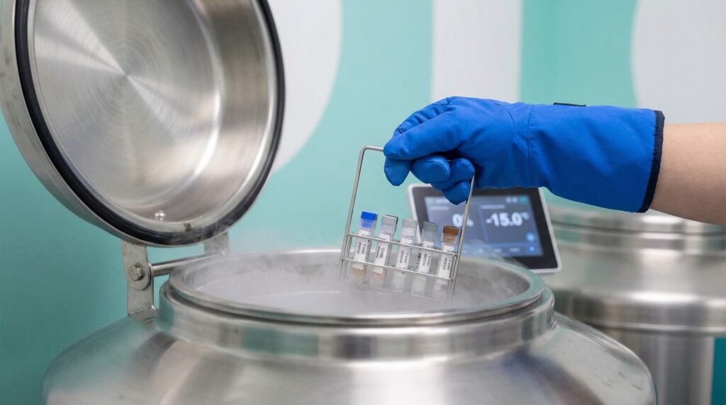 Mâna unui tehnician de laborator, purtând o mănușă de protecție criogenică albastră, coboară un suport metalic cu fiole mici într-un tanc de oțel inoxidabil cu azot lichid, din care se ridică vapori reci.