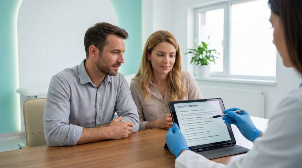 Un cuplu caucazian așezat la un birou de lemn într-un cabinet medical modern, privind cu atenție o tabletă ținută de un medic cu mănuși albastre. Pe ecranul tabletei este vizibil titlul „Întrebări Frecvente” urmat de o listă de text.