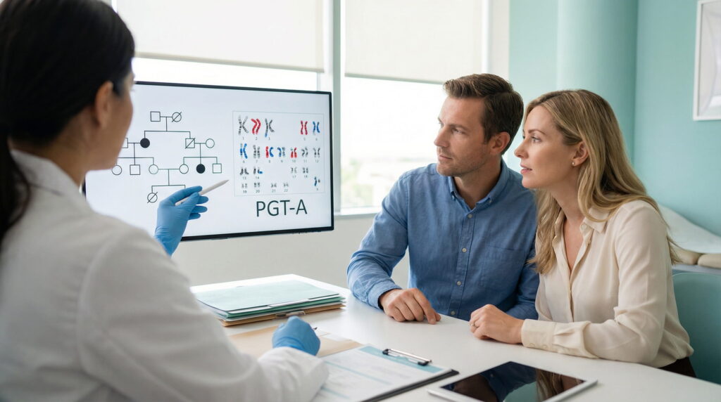 Un specialist medical (văzut din spate, purtând mănuși albastre) arată pe un ecran mare un arbore genealogic și o diagramă PGT-A cu cromozomi evidențiați în roșu și albastru, explicând unui cuplu atent într-un cabinet luminos.