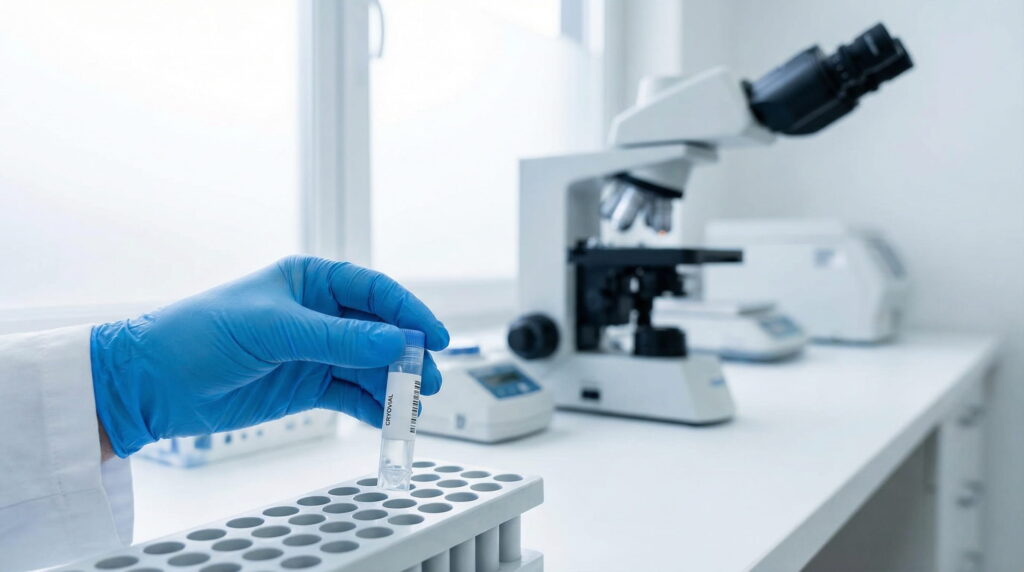Prim-plan cu o mână în mănușă albastră așezând o crioviolă într-un suport de laborator, cu un microscop în fundal.