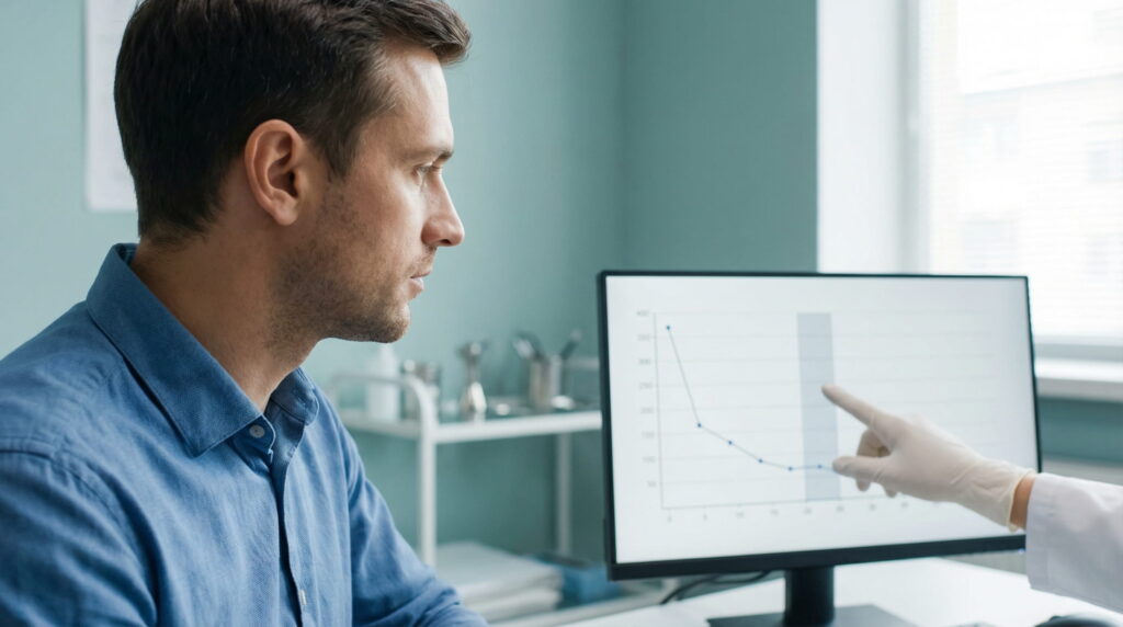 Un bărbat în cămașă albastră privește atent la un monitor cu un grafic medical, în timp ce o mână cu mănușă chirurgicală indică un punct specific pe ecran, într-un cabinet medical luminos.