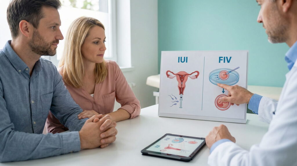 Un medic (bărbat) într-un cabinet medical modern explică unui cuplu (bărbat și femeie) diferențele dintre IUI și FIV, folosind o diagramă medicală expusă pe o tăbliță.