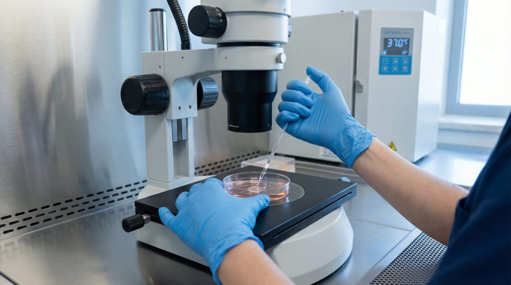 Imagine în prim-plan cu mâinile unui embriolog, acoperite de mănuși albastre, care manipulează o pipetă fină și un vas Petri sub obiectivul unui microscop performant. În fundal se observă un incubator setat la 37.0°C. Scena are loc într-un laborator curat și modern.