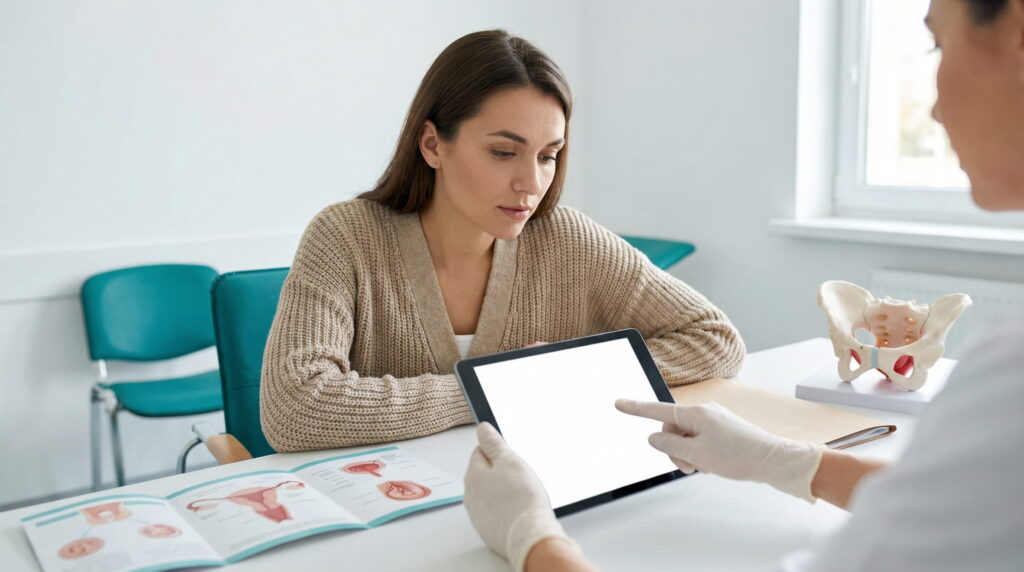 Pacientă ascultând atent explicațiile unui medic care indică pe o tabletă cu ecran gol, într-un cabinet medical. Pe birou se află un model anatomic al pelvisului și broșuri informative, ilustrând discuția despre diagnosticul prin laparoscopie.