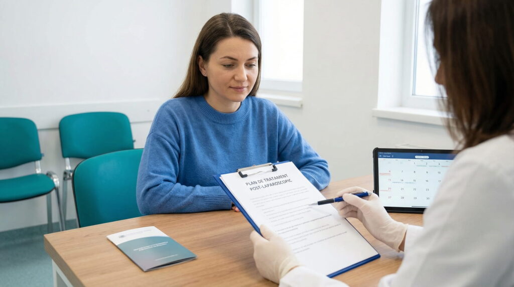 Pacientă ascultând atent un medic care îi prezintă un document intitulat "PLAN DE TRATAMENT POST-LAPAROSCOPIC", ținut pe un clipboard. Pe birou se află și o tabletă cu un calendar. Imaginea ilustrează etapa de planificare a tratamentului după laparoscopie.