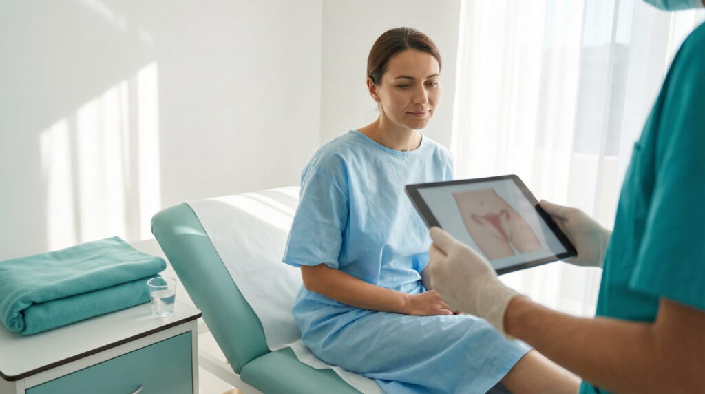 Pacientă în halat de spital așezată pe un pat de examinare, privind o tabletă ținută de mâinile în mănuși ale unui medic, care afișează o diagramă a uterului și ovarelor.