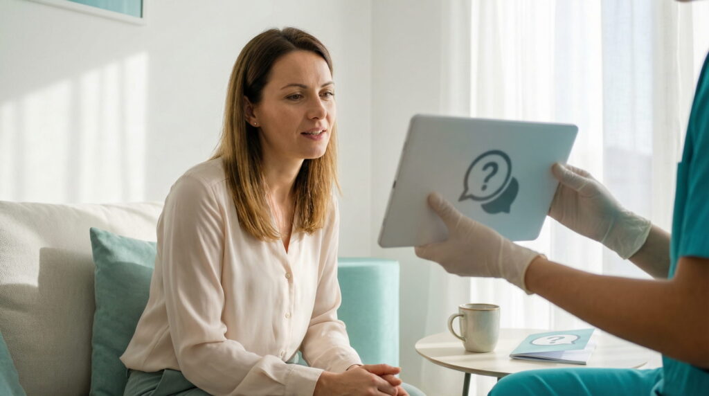 Femeie așezată pe o canapea într-un cabinet luminos, privind atent o tabletă ținută de mâinile în mănuși ale unui cadru medical. Pe ecranul tabletei și pe o broșură de pe masă sunt vizibile pictograme cu semne de întrebare.
