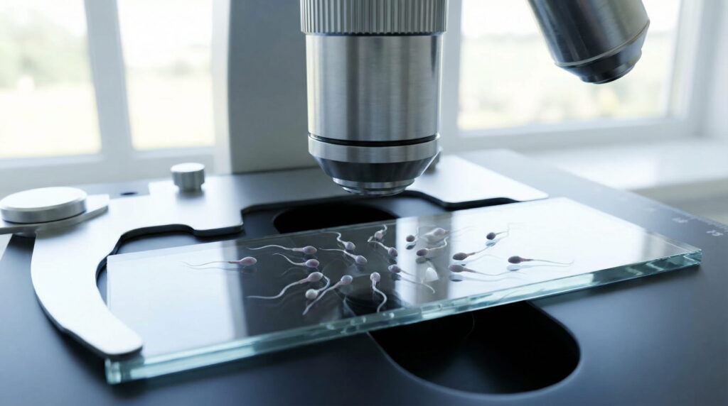 Prim-plan al obiectivului unui microscop de laborator focalizat pe o lamă de sticlă pe care sunt vizibili mai mulți spermatozoizi umani, ilustrând procesul de analiză a spermei.