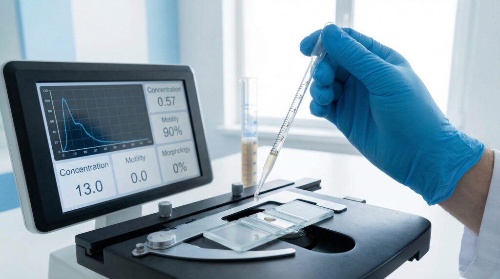 O mână cu mănușă albastră pipetează o probă de spermă pe o lamă de microscop, lângă un ecran care afișează grafice și cifre pentru concentrație, motilitate și morfologie într-un laborator clinic.
