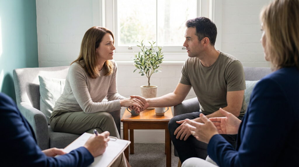 Un cuplu caucazian se ține de mână în timp ce vorbește cu un consilier într-un birou luminos și modern. Consilierul, văzut din spate, ia notițe și gesticulează, oferind sprijin emoțional. Lumina naturală pătrunde prin fereastră.