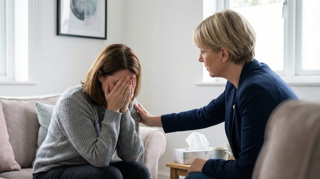 O femeie caucaziană, așezată pe o canapea într-un cabinet de consiliere luminos, își acoperă fața cu mâinile în semn de suferință profundă. Un consilier psihologic femeie, cu părul scurt și blond, o consolează punându-i o mână pe umăr. Pe o măsuță alăturată se află o cutie de șervețele.