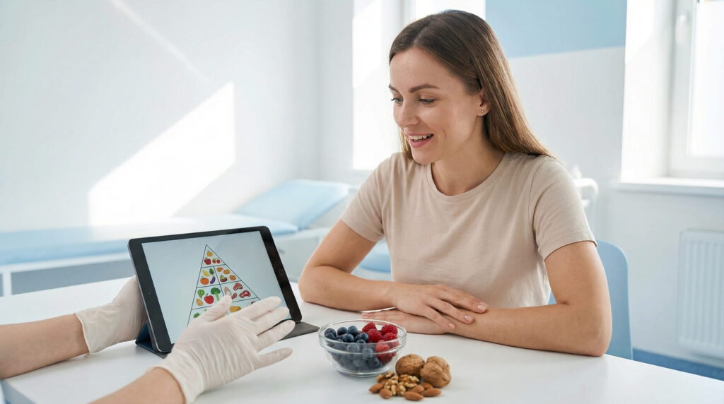 O femeie caucaziană zâmbește privind o tabletă cu piramida alimentară, prezentată de mâini medicale înmănușate, într-o clinică luminoasă. Pe masă sunt boluri cu fructe de pădure și nuci.