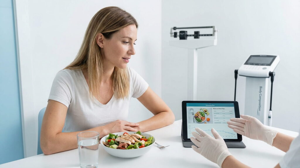 O femeie caucaziană într-o clinică medicală luminoasă, privind o tabletă cu un plan de mese echilibrat, în timp ce mâini înmănușate îi explică. Pe masă este o salată cu pui și un pahar cu apă, iar în fundal o balanță și un analizator de compoziție corporală.