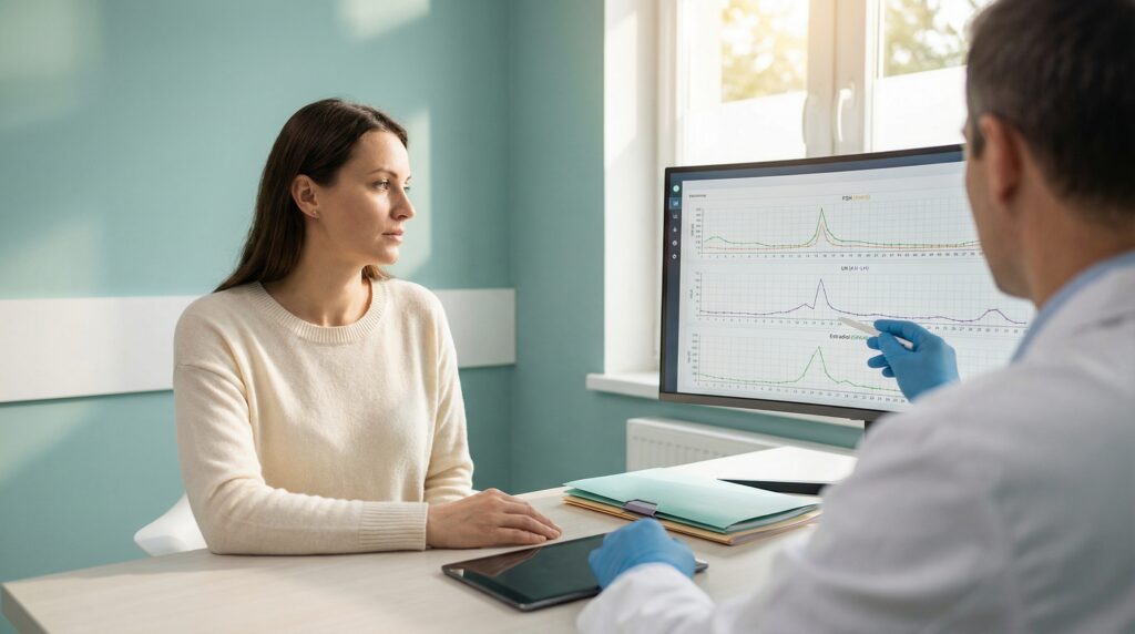 O pacientă într-un cabinet medical luminos privește cu atenție un monitor mare care afișează grafice medicale ale hormonilor FSH și LH, în timp ce un medic, văzut din spate și purtând mănuși albastre, îi indică datele cu un stylus.