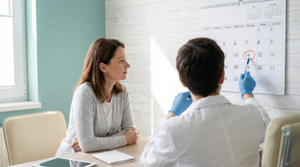 O pacientă cu păr șaten stă la birou într-un cabinet medical luminos și privește un calendar de perete, pe care un medic, văzut din spate și purtând mănuși albastre, indică cu un pix o dată încercuită cu roșu (ziua 14).