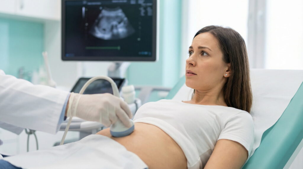 Un medic utilizează sonda unui ecograf pe abdomenul unei paciente tinere, care privește cu îngrijorare către un monitor ecografic în fundal; scena se desfășoară într-un cabinet medical modern, bine luminat.