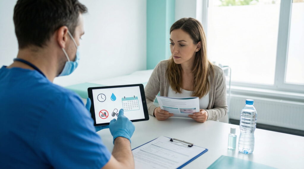 Un medic, văzut din spate și purtând mască, arată unei paciente așezate la un birou o tabletă cu pictograme reprezentând instrucțiuni preoperatorii (ceas, apă, restricții alimentare, pastile) într-un cabinet medical luminos; pacienta privește atentă ecranul.