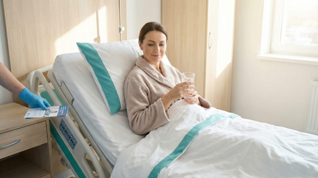 O femeie cu o expresie liniștită stă în șezut pe un pat de spital modern, ținând un pahar cu apă; o mână cu mănușă medicală albastră așază o broșură informativă pe noptiera de lemn de lângă ea, într-o cameră luminoasă, scăldată de lumina soarelui.