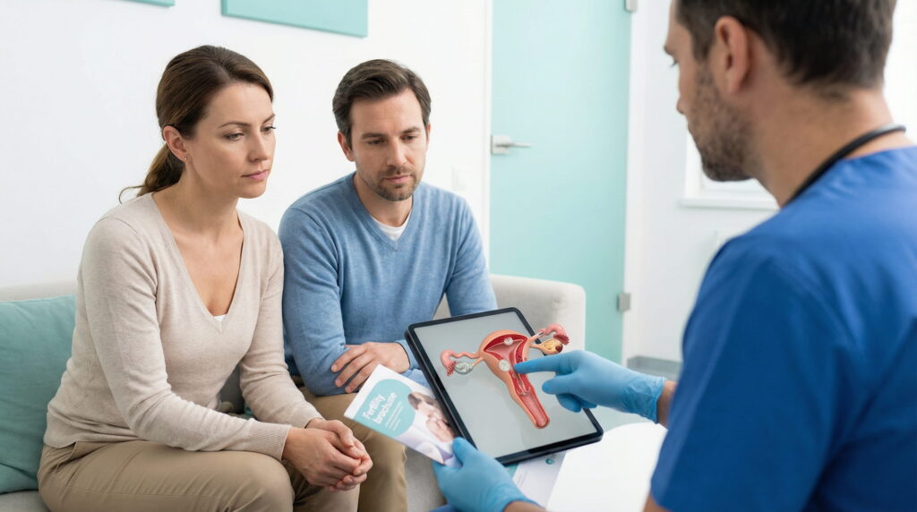 Un cuplu cu expresii serioase, așezat pe o canapea într-un cabinet medical luminos cu accente turcoaz, ascultă un medic (văzut din profil, purtând scrubs albastre) care indică un model anatomic 3D al uterului și ovarelor pe o tabletă; medicul ține și o broșură despre fertilitate.