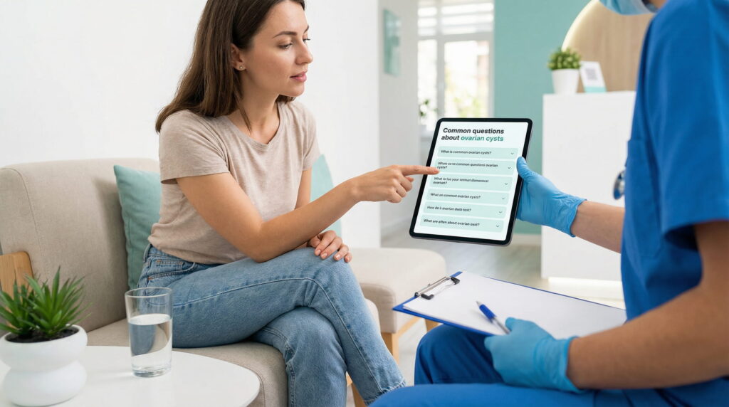 O femeie așezată pe o canapea într-o zonă de așteptare modernă, cu accente turcoaz, indică cu degetul o întrebare dintr-o listă de 'Common questions about ovarian cysts' afișată pe o tabletă ținută de un cadru medical în uniformă albastră și mănuși.