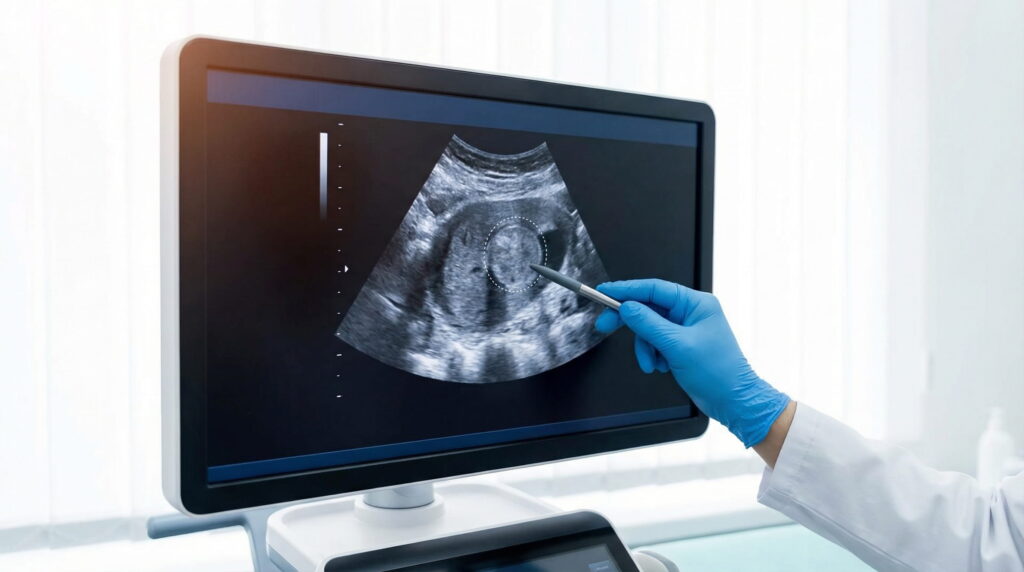 Un medic cu mănușă albastră arată cu un stilou un fibrom uterin pe un monitor de ecografie.