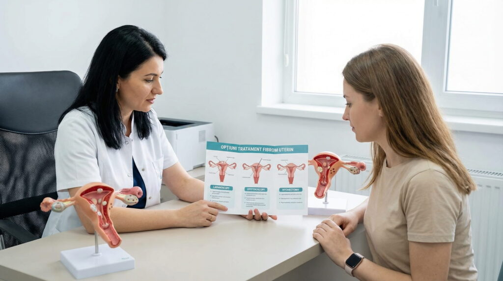 Doctoriță explicând unei paciente opțiunile de tratament pentru fibrom uterin, arătând o broșură cu diagrame și având modele de uter pe birou, într-un cabinet medical luminos.
